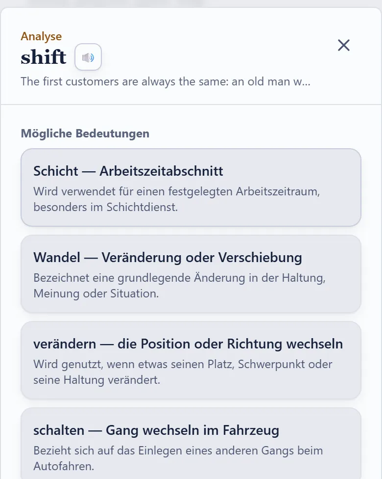 Bibliothek: ein Wort aus einem Lesetext mit seinen Bedeutungen