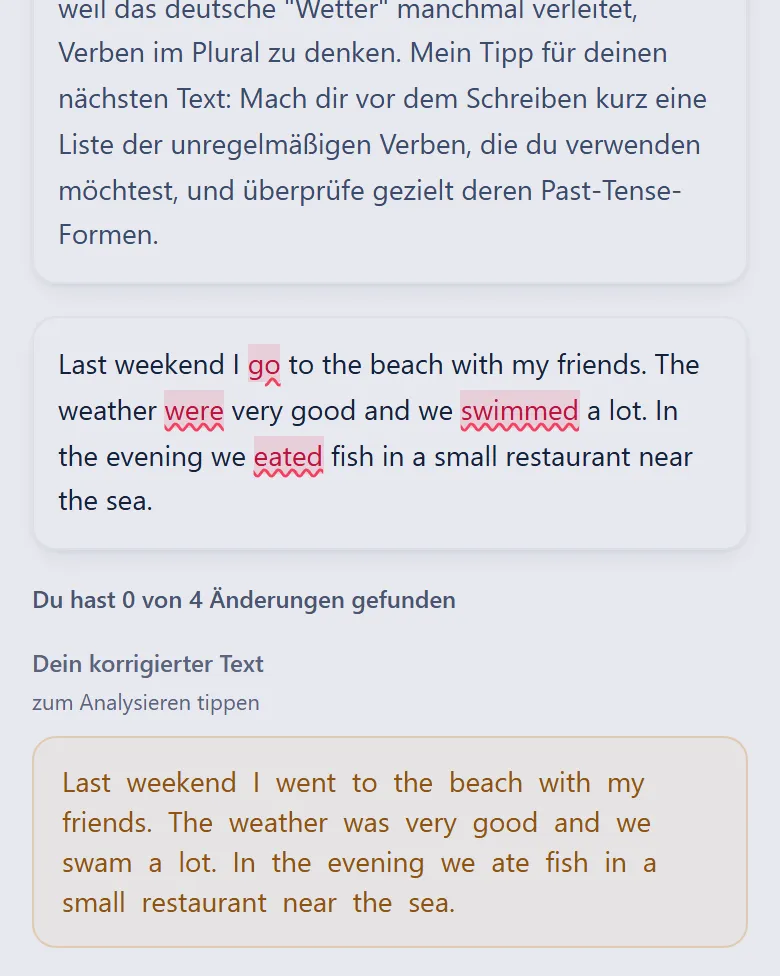 Freies Schreiben: deine Fehler markiert und der korrigierte Text
