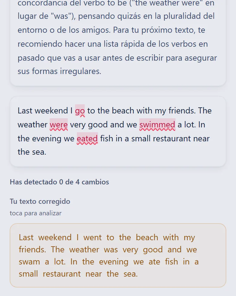 Escritura libre: tus fallos marcados y el texto corregido